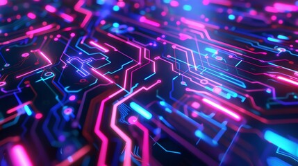 Poster - Abstract digital circuit board with glowing pink and blue lights.