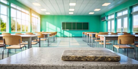 Poster - Minimalist Stone Tabletop with Copy Space in a Classroom Setting, Perfect for Educational Content and Creative Projects
