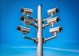 Poster - Minimalist View of Security Cameras Mounted on a Tall Pole Against a Clear Blue Sky, Emphasizing Modern Surveillance Technology in Urban Environments