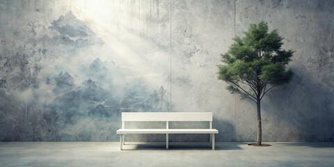 Poster - Minimalist White Bench with Blank Frame on Concrete Wall in Double Exposure Photography Style, Emphasizing Simplicity and Space in Contemporary Design