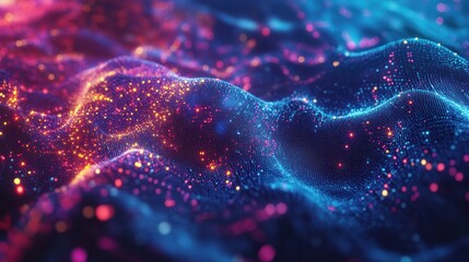 Poster - network of interconnected particles and glowing data lines. The background is filled with a deep blue hue,