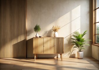 Poster - Minimalist Wood Cabinet Casting Shadows in a Serene Interior Space, Inviting Calmness and Subtle Elegance to Modern Home Decor Photography