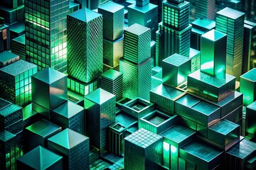 Poster - Minimalistic Abstract Background with Bold Geometric Shapes in Shades of Green and Teal Against a Dark Nocturnal Cityscape Backdrop for Modern Design and Art Projects