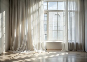 Poster - Minimalistic Abstract Composition of Light and Shadow on a Gentle White Background with Window Curtains Creating a Serene and Modern Urban Exploration Aesthetic