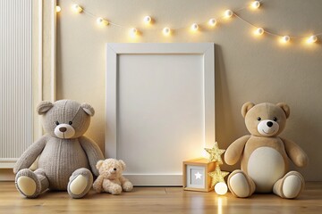 Poster - Mock Up Frame in a Cozy Neutral Unisex Children's Room Interior, Perfect for Low Light Photography, Showcasing Soft Textures and Gentle Colors for a Calm Atmosphere