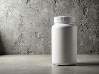 Poster - Mockup of a White Supplement Bottle Set Against a Cement Concrete Wall for Product Display and Marketing Purposes in a Minimalist Aesthetic Environment