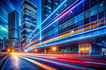 Poster - Modern Abstract High-Speed Movement with Dynamic Light Trails on Dark Blue Background for Futuristic Digital Technology and Motion Concept in Architectural Photography
