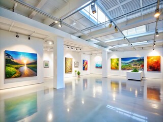 Poster - Modern Art Gallery Interior with Spacious White Walls and a Large Blank Canvas Ready for Exhibition and Artistic Creations in a Bright, Minimalist Space