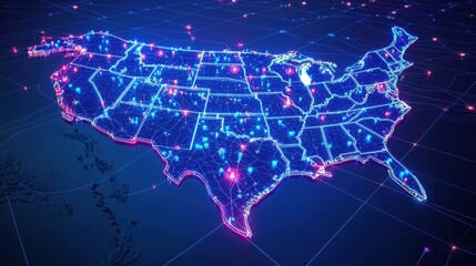 Poster - A digital map of the United States illuminated with glowing blue and pink network lines, representing connectivity and technology.