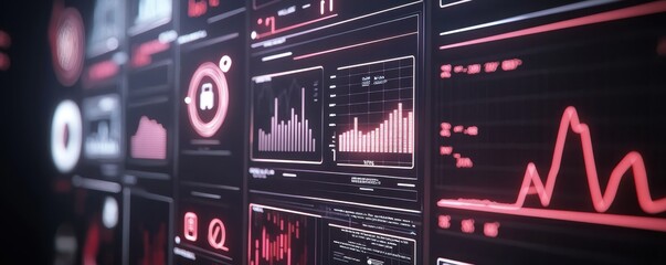 Poster - A digital display featuring graphs, metrics, and data visualizations in red and black, emphasizing technology and analytics.