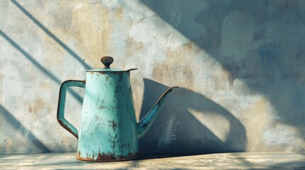 Poster - Rustic Teal Coffee Pot Against Weathered Wall