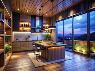 Poster - Modern Kitchen with Wooden Surface, Shelves, and Window at Night: A Stunning 3D Rendering Capturing Warmth and Style in Interior Design