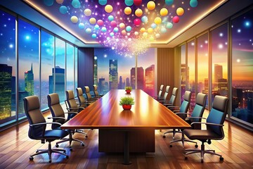Poster - Modern Meeting Room Illustration with Bokeh Effect for Creative Workspaces, Ideal for Presentations, Meetings, and Collaborative Environments in a Professional Setting