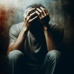 Poster - A person with their head in their hands Evokes feelings of despa