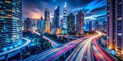 Poster - Night Photography Capturing the Essence of Generative AI Technology in a Futuristic Urban Landscape with Striking Light Trails and Digital Elements