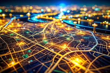 Poster - Night Photography of a City Map with Glowing Lines and Landmarks Illuminated, Perfect for Travel and Navigation Themes
