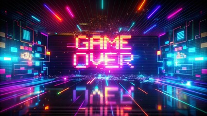 Poster - Night Photography of a Glitchy Game Over Message in Neon Colors with Abstract Visual Elements and Dynamic Lighting Effects for a Futuristic Vibe