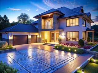 Poster - Night Photography of a Modern Suburban House Floor Plan, Showcasing Architectural Designs with Detailed Blueprints and Contemporary Features for Your Project Inspiration
