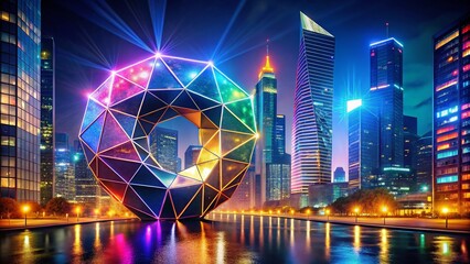 Poster - Night Photography of a Polygon G Letter Logo Design in a Modern Urban Setting, Highlighting Geometric Shapes and Vibrant Colors Against a Dark Background