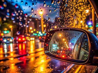 Poster - Night Photography of Rainy Car Interior View with Raindrops on Window and Rearview Mirror, Capturing the Mood of a Heavy Downpour in High-Quality 4K Imagery