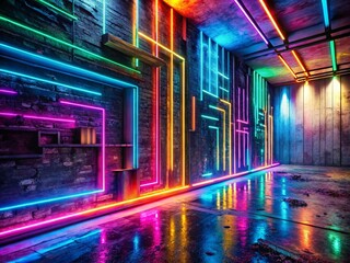 Poster - Old Grunge Wall with Glowing Neon Lights in a Long Exposure Style, Capturing the Essence of Modern Abstract Backgrounds for Artistic Inspiration and Creative Projects