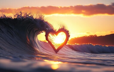 Wall Mural - Heart-Shaped Sunset Through Ocean Wave Symbolizing Love and Serenity, Captivating Nature's Beauty with Gentle Colors and a Peaceful Atmosphere