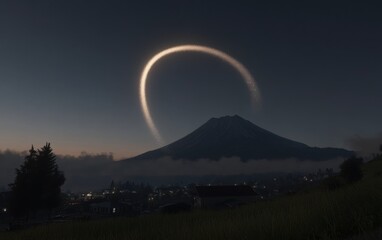 Wall Mural - Serene Nightscape Featuring a Majestic Mountain and Unique Celestial Phenomenon Under a Starry Sky with a Soft Glow Over the Landscape
