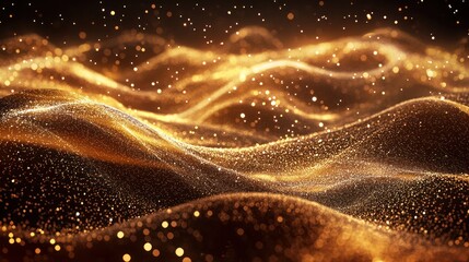 Poster - a dark brown background, showcasing a digital signature made of luminous golden particles.