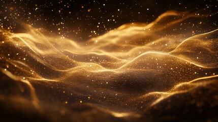 Poster - a dark brown background, showcasing a digital signature made of luminous golden particles.