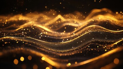 Poster - a dark brown background, showcasing a digital signature made of luminous golden particles.