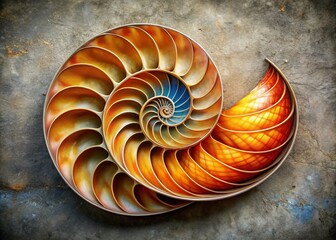 Poster - Panoramic View of a Nautilus Shell on a Concrete Stone Background Highlighting Fibonacci Spiral Sequence with Copy Space for Design and Art Projects
