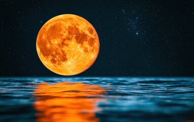 Wall Mural - Majestic Full Moon Rising Over Serene Ocean Waters Under Starry Night Sky, Creating a Magical Glow Reflected on Calm Surface of the Sea