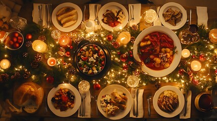 Wall Mural - Christmas dinner table with a spread of holiday dishes background for document
