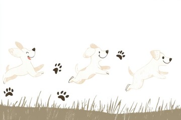 Poster - Two joyful dogs are happily running across a grassy area, leaving playful paw prints behind. Their expressions convey excitement and freedom. Generative AI