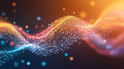 Poster - An artistic visualization of a dynamic wave line design intertwined with colorful gradient connections between various dots
