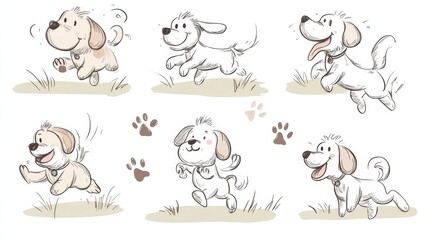 Aufkleber - Whimsical doodles capture the joy of dogs running freely in a grassy area, displaying their playful nature and energy. Generative AI