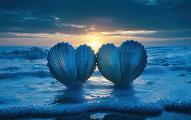 Wall Mural - Heart-Shaped Seashells on Serene Beach During Stunning Sunset Over Ocean Waves with Cloudy Sky and Gentle Foamy Water in Tranquil Coastal Setting