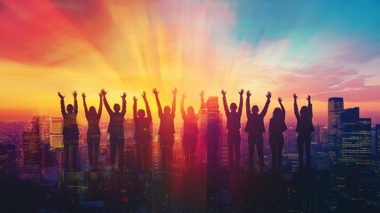 Wall Mural - silhouette of a diverse team of businesspeople standing in a row, their hands raised together above their heads.