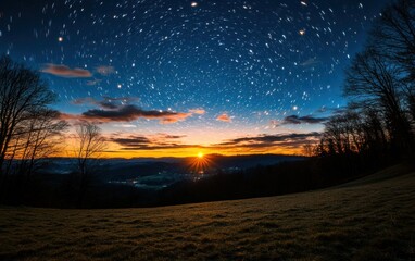 Wall Mural - Breathtaking Starry Sky with Sunset Over Rolling Hills in a Serene Landscape Capturing the Beauty of Nature at Twilight