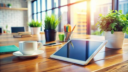 Poster - Professional Office Scene Featuring a Digital Tablet on a Desk with Modern Office Supplies, Soft Natural Lighting, and a Focus on Productivity and Technology in a Contemporary Workspace
