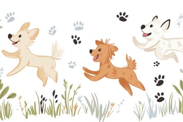 Poster - Three playful dogs of different breeds run through a vibrant grassy field, showcasing their energetic spirit in a bright, cheerful setting. Generative AI