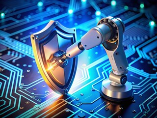 Poster - Robotic Arm Engaging with Digital Security Shield on a Blue Circuit Background with Bokeh Effect - Futuristic Technology Concept