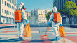 © mahamad - Professional cleaning and disinfection of a town complex amid the coronavirus epidemic, with two workers in protective suits and masks preventing and controlling the spread of the virus.