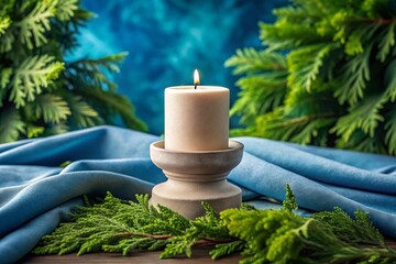 Poster - Round Beige Concrete Candlestick on Blue Fabric Surrounded by Thuja Branches with Shallow Depth of Field Focused on the Front for Architectural Photography Inspiration