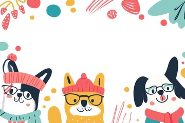 Aufkleber - Three adorable dogs dressed in colorful hats and glasses are illustrated in a fun doodle style against a vibrant background with playful patterns. Generative AI