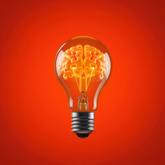 Poster - glowing lightbulb with brain inside, symbolizing creativity and ideas. vibrant orange background enh