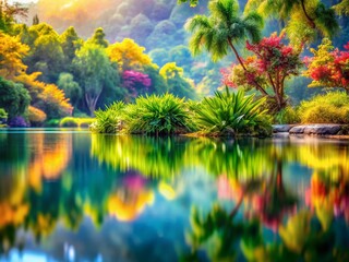 Poster - Serene Abstract Water and Plant Background: A Panoramic View of Nature’s Blurred Beauty, Perfect for Invoking Calmness and Inspiration in Various Creative Projects