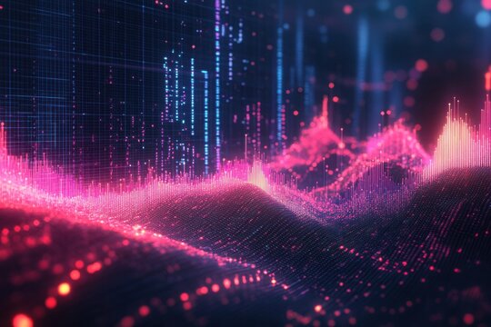 Engaging 3D illustration showcases market trend analysis with futuristic charts, smooth data lines, and vibrant colors representing statistical movements.