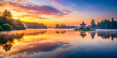Poster - Serene Dawn at Tranquil Lake with Mist Rising, Capturing the Soft Hues of Sunrise Reflected in the Water, Ideal for Architectural Photography and Nature Lovers