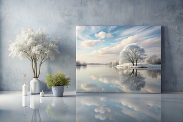 Poster - Serene Landscape Featuring Background with White Paint on Gray Canvas, Perfect for Artistic Projects and Modern Decor, Emphasizing Texture and Minimalism in Nature Photography
